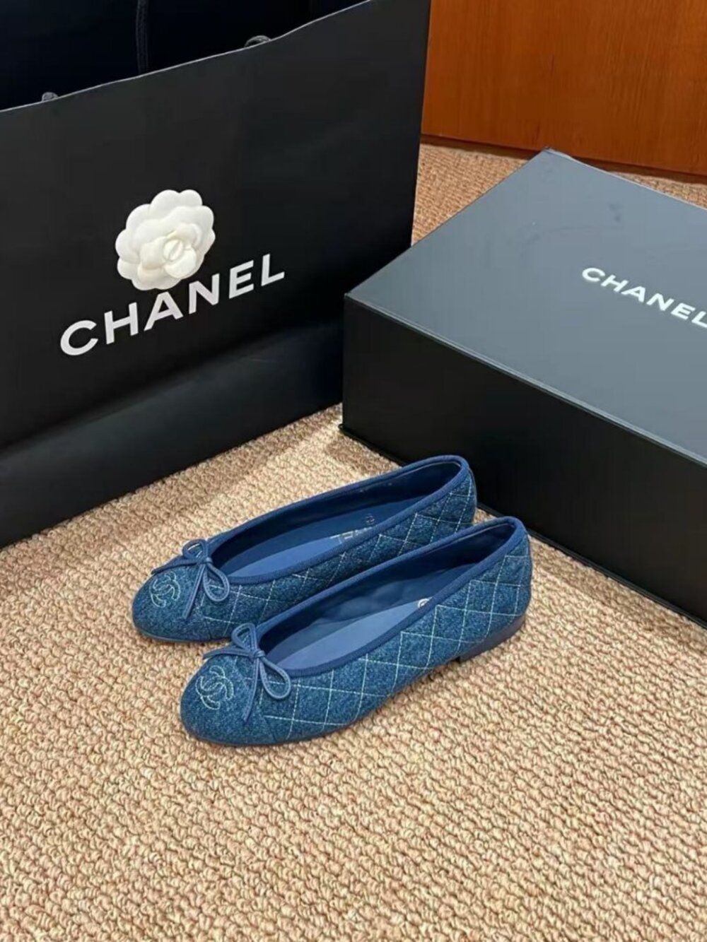 CHANEL Denim‑Tone Quilted Bow Detail Ballet Flats - Picture 2 of 5